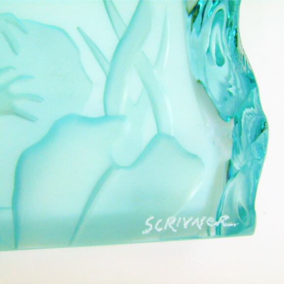 Etched Art Glass Frog & Bug Pond Artist Signed Scrivner Plaque Paperweight Decor - Picture 4 of 9